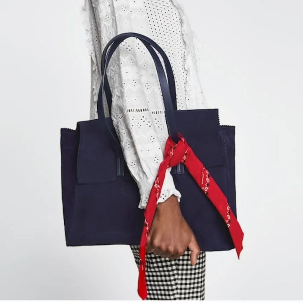 Zara Navy Blue Satchel with Red Scarf Accent does not have the red cloth - Picture 6 of 12
